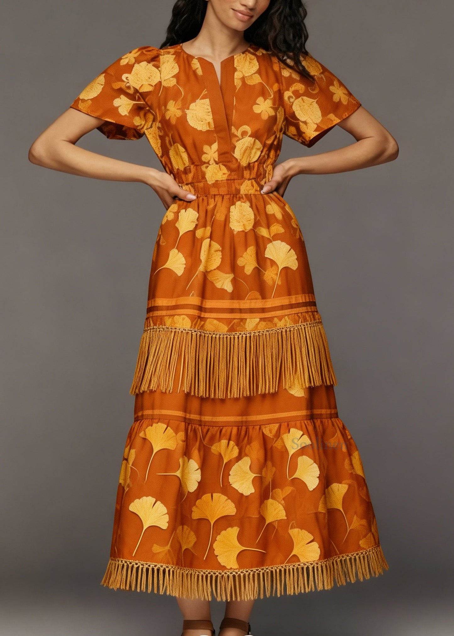 Beautiful Orange O Neck Print Tassel Patchwork Cotton Dresses Summer