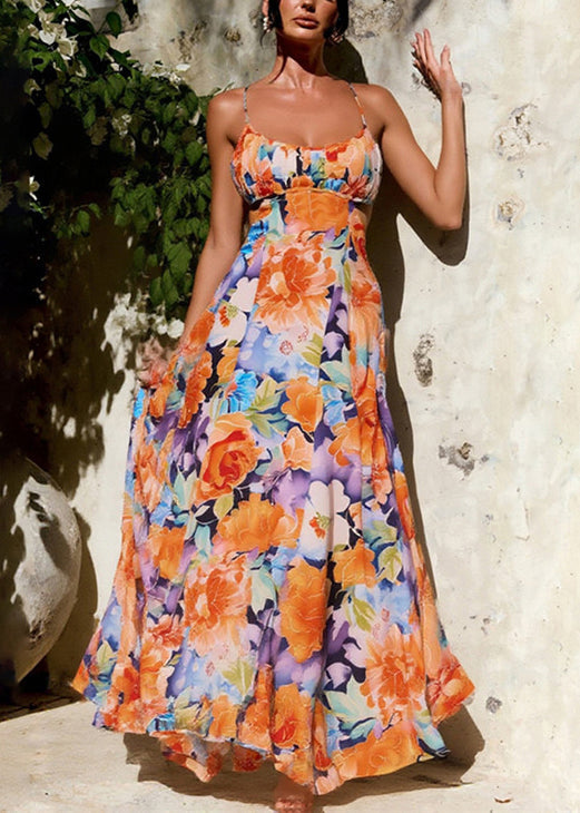 Beautiful Orange Print Lace Up Cotton Spaghetti Strap Dress Sleeveless