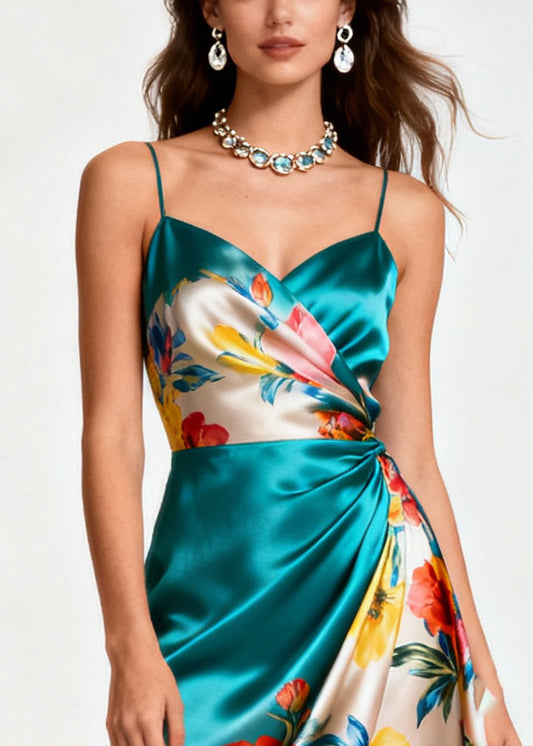 Beautiful Peacock Green Asymmetrical Patchwork Tulle Silk Cami Dress Summer