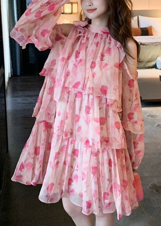 Beautiful Pink Cold Shoulder Print Chiffon Mid Dress Summer