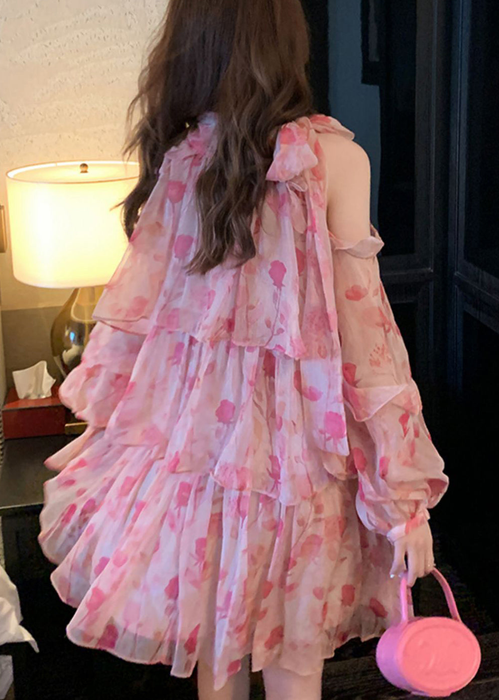 Beautiful Pink Cold Shoulder Print Chiffon Mid Dress Summer