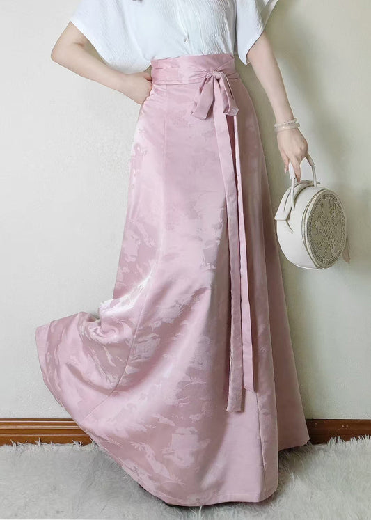 Beautiful Pink Jacquard Flower Decorated Silk Skirts Fall