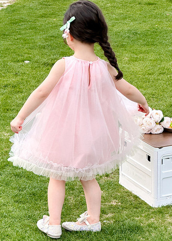 Beautiful Pink O-Neck Floral Tulle Girls Long Dresses Summer