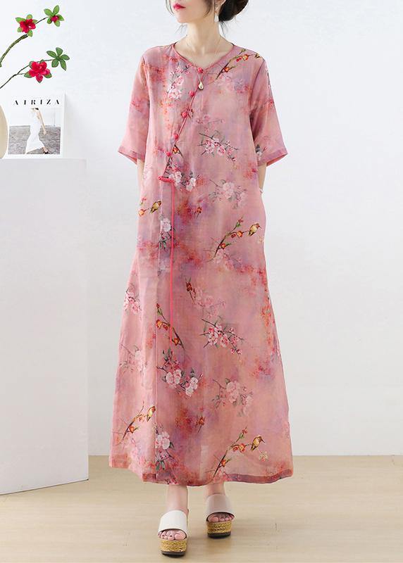 Beautiful Pink Print Oriental asymmetrical Design Summer Ramie Long Dresses - SooLinen