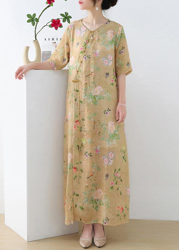 Beautiful Pink Print Oriental asymmetrical Design Summer Ramie Long Dresses - SooLinen