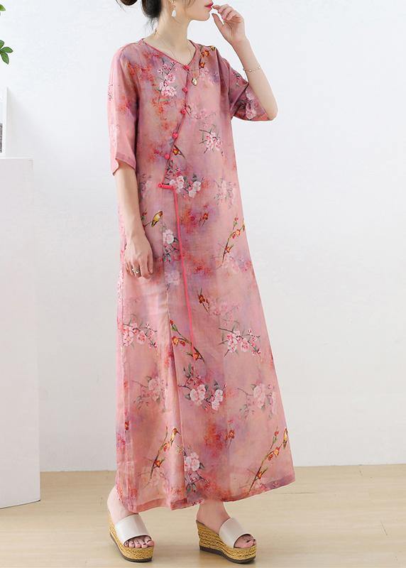 Beautiful Pink Print Oriental asymmetrical Design Summer Ramie Long Dresses - SooLinen