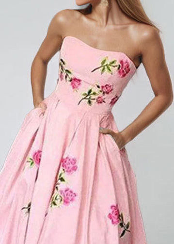 Beautiful Pink Strapless Print Cotton Long Dresses Summer