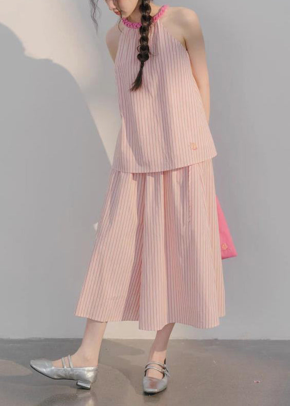 Schöne Rosa Gestreiften Tops Und Crop Hosen Baumwolle Zwei Stück Set Ärmelloses