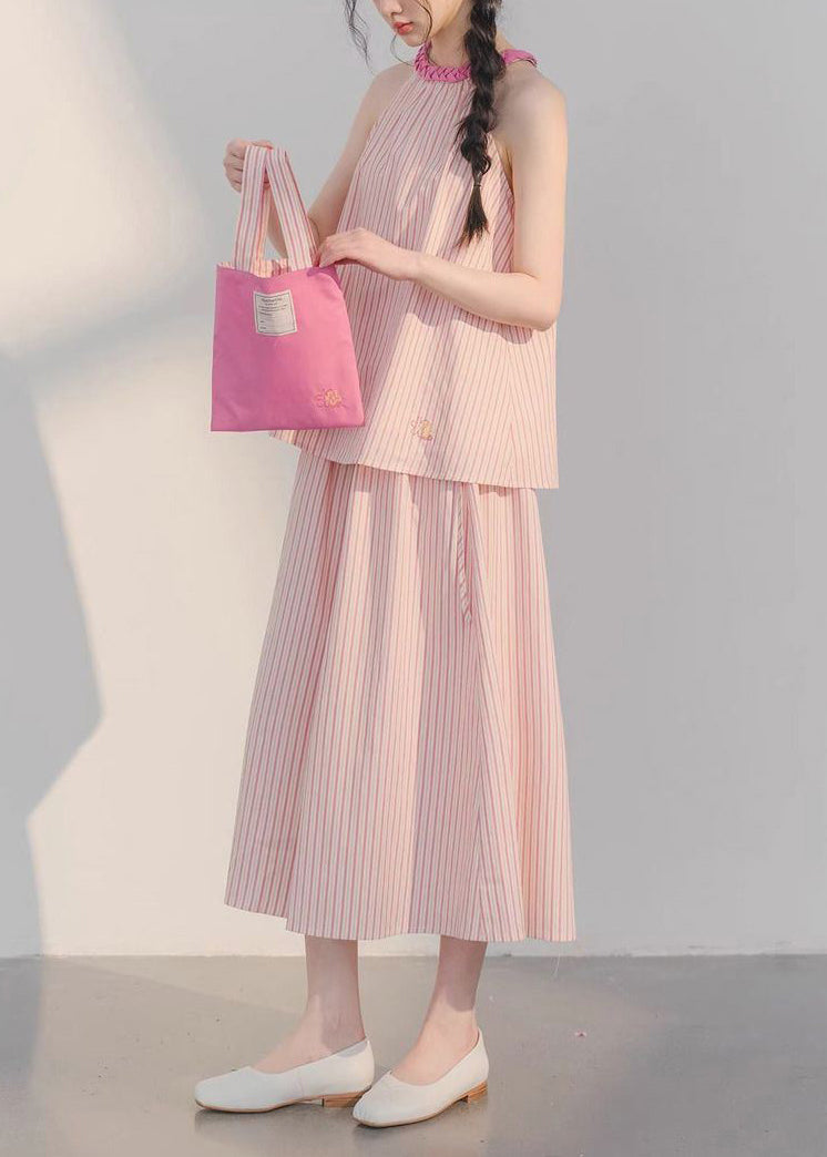 Schöne Rosa Gestreiften Tops Und Crop Hosen Baumwolle Zwei Stück Set Ärmelloses