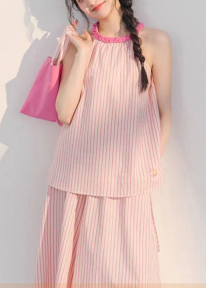 Schöne Rosa Gestreiften Tops Und Crop Hosen Baumwolle Zwei Stück Set Ärmelloses