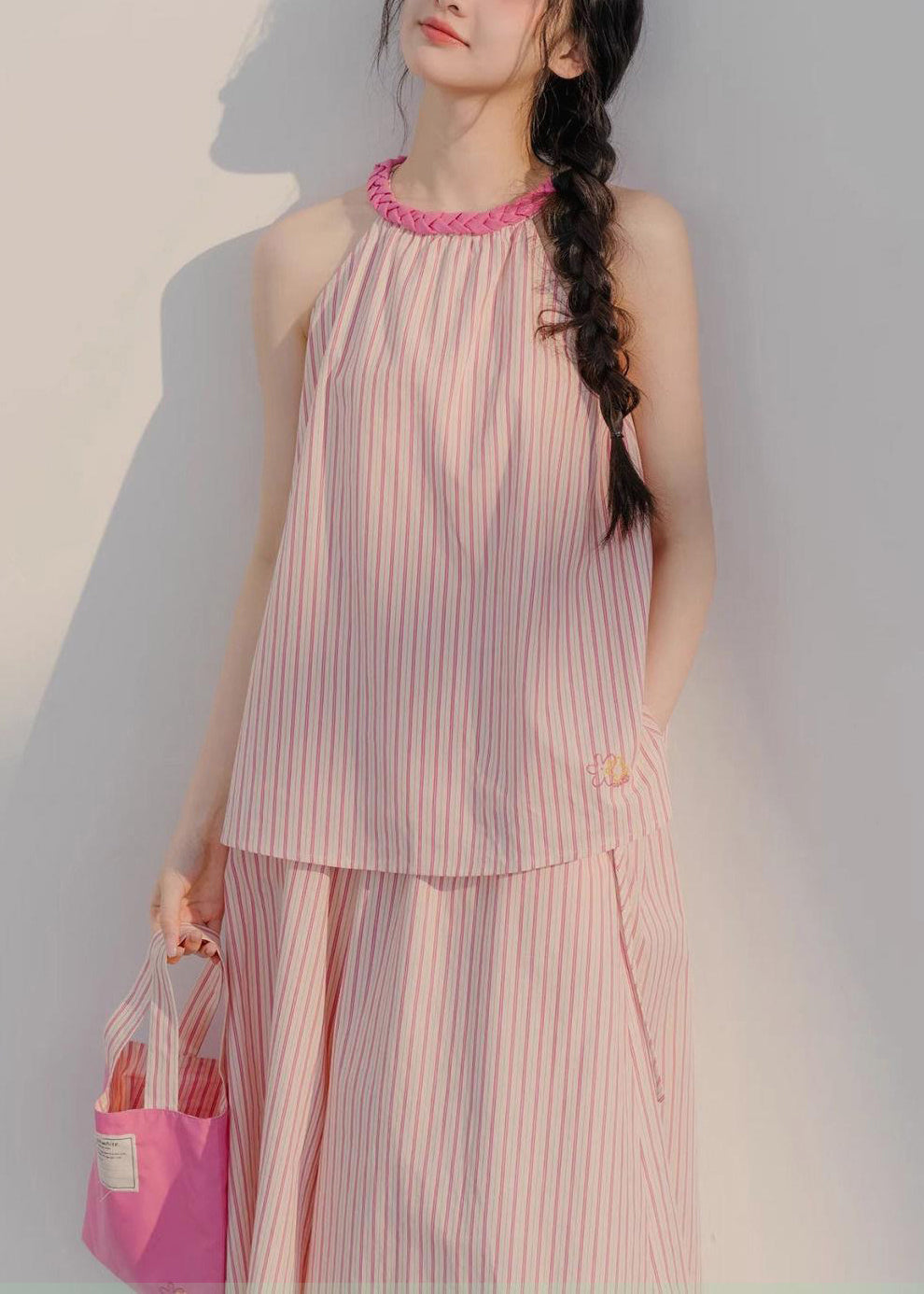 Schöne Rosa Gestreiften Tops Und Crop Hosen Baumwolle Zwei Stück Set Ärmelloses