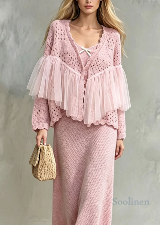 Beautiful Pink Tulle Patchwork Knit Women Sets 2 Pieces Fall