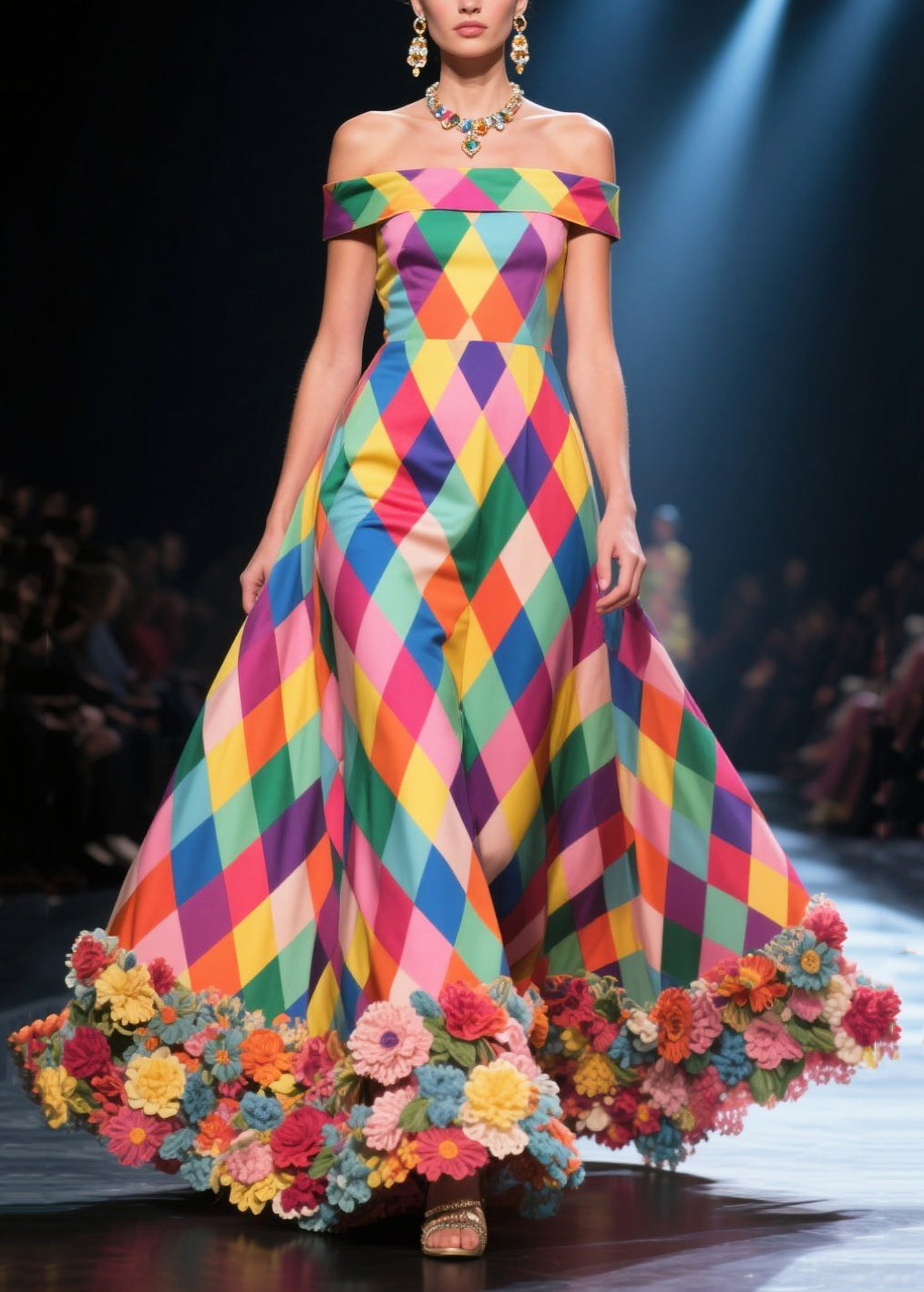 Beautiful Polychrome Plaid Three-dimensional Flower Silk Strapless Dress Summer