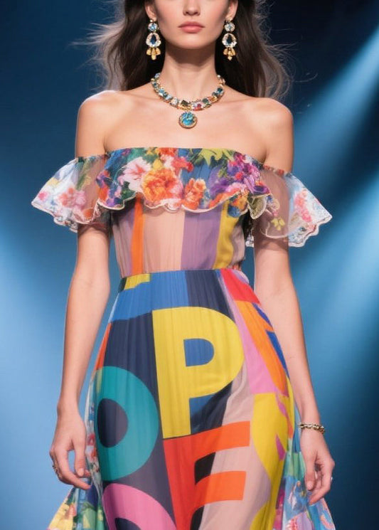 Beautiful Print Cold Shoulder Chiffon Holiday Dress Summer