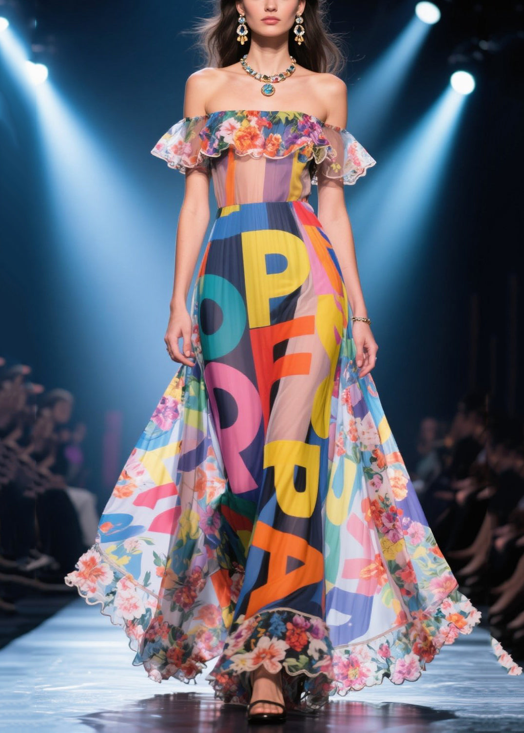 Beautiful Print Cold Shoulder Chiffon Holiday Dress Summer