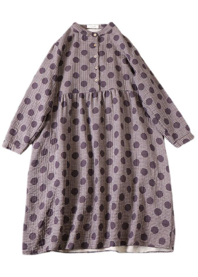 Beautiful Purple Button Patchwork Pockets Fall Print Party Dress Long sleeve - SooLinen