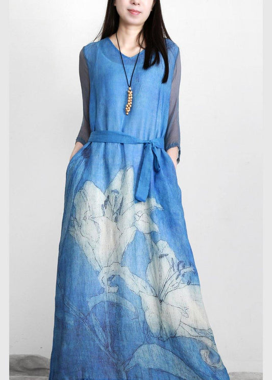 Beautiful Purple Print Linen Tunic Maxi Dresses - SooLinen