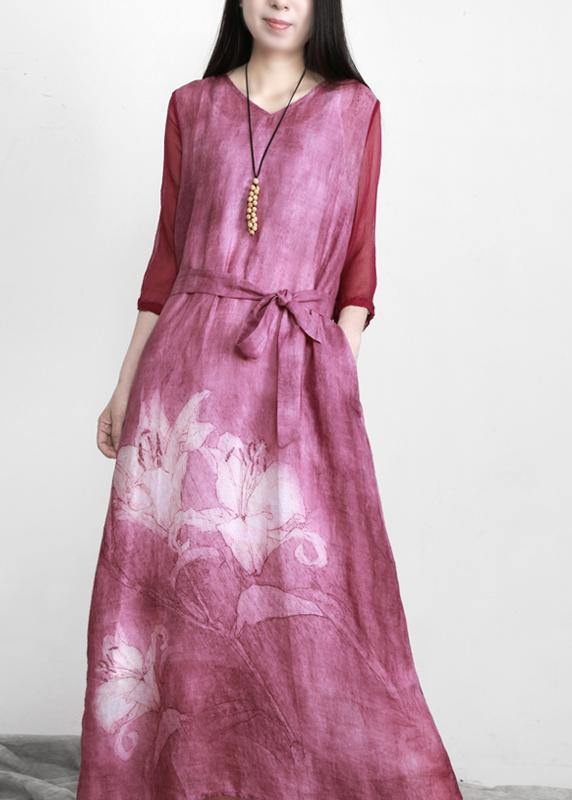 Beautiful Purple Print Linen Tunic Maxi Dresses - SooLinen