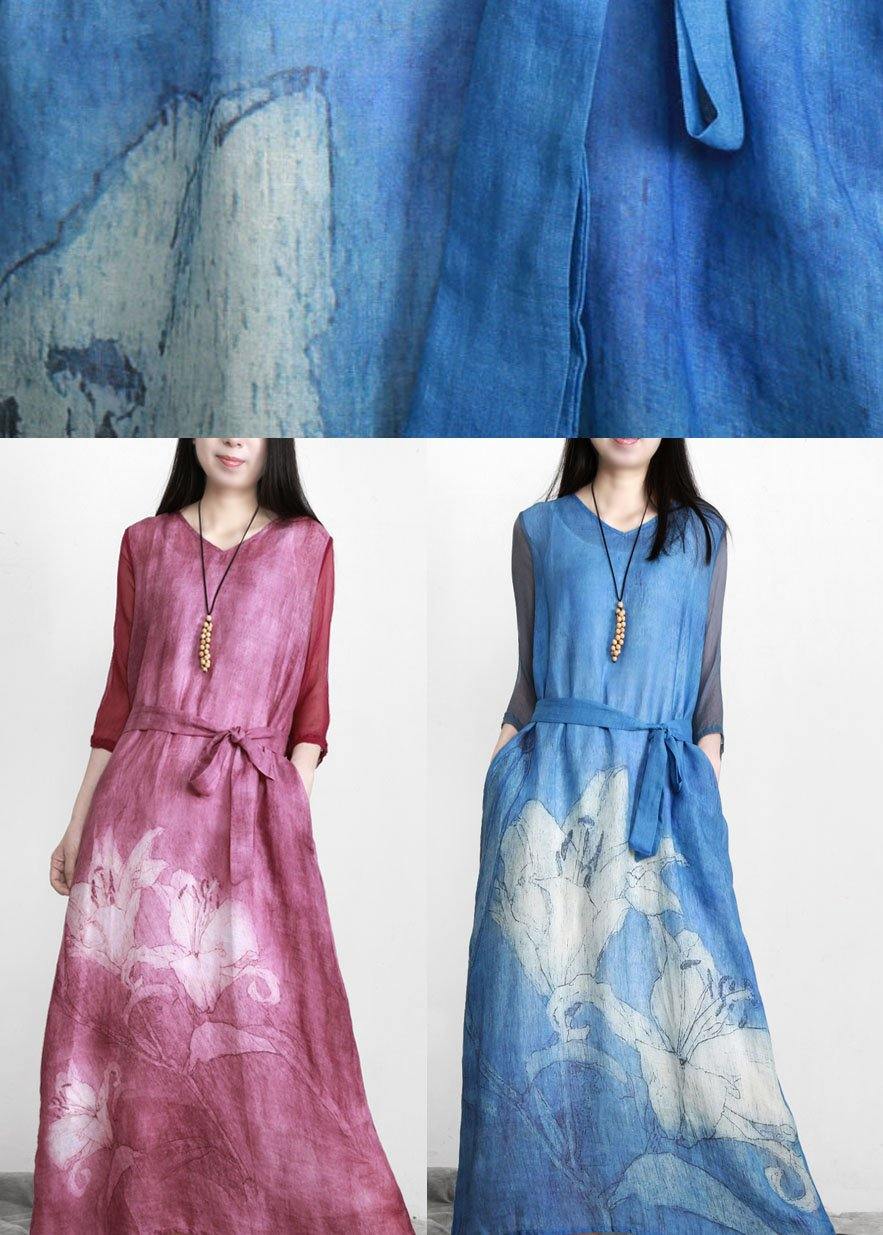 Beautiful Purple Print Linen Tunic Maxi Dresses - SooLinen