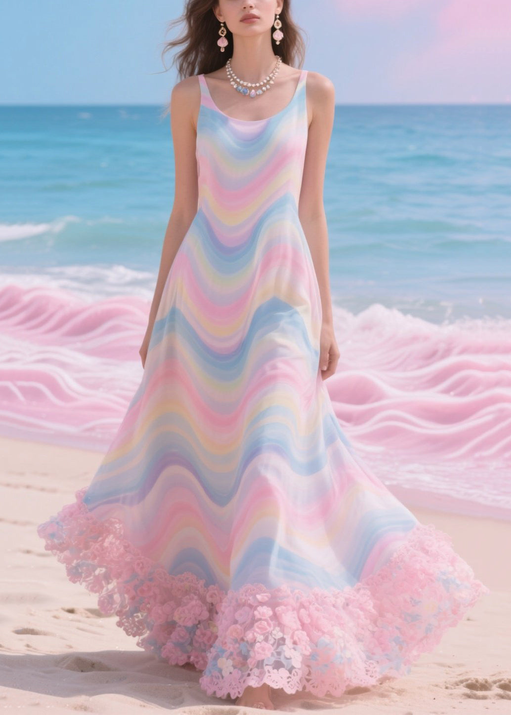 Beautiful Rainbow Patchwork Flower Lace Chiffon Beach Dress Summer