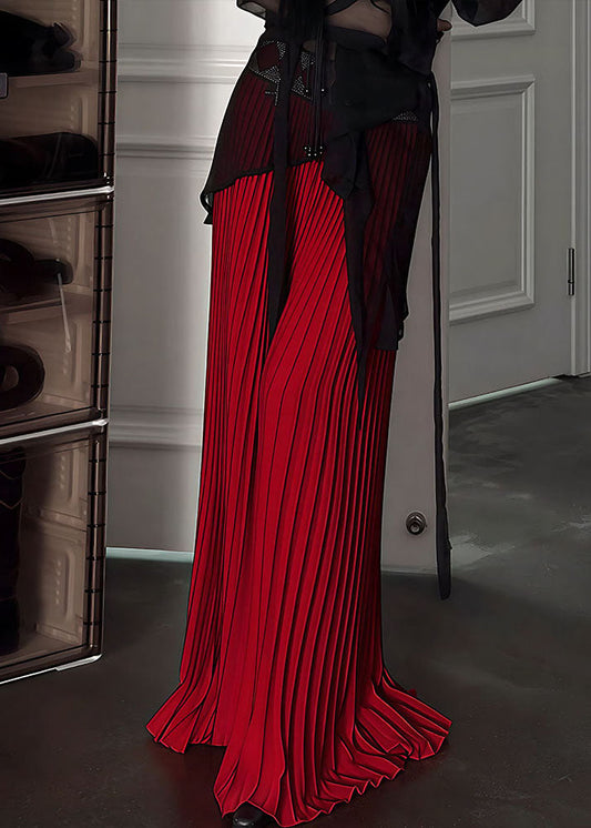 Beautiful Red Elastic Waist Draping Silk Pleated Skirt Spring