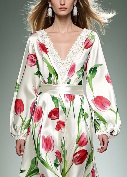 Beautiful Red Floral Silk Dress Exra Large Hem Spring