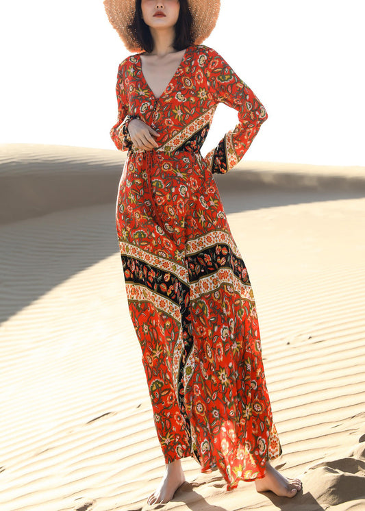 Beautiful Red Print Lace Up Pockets Long Dress Fall