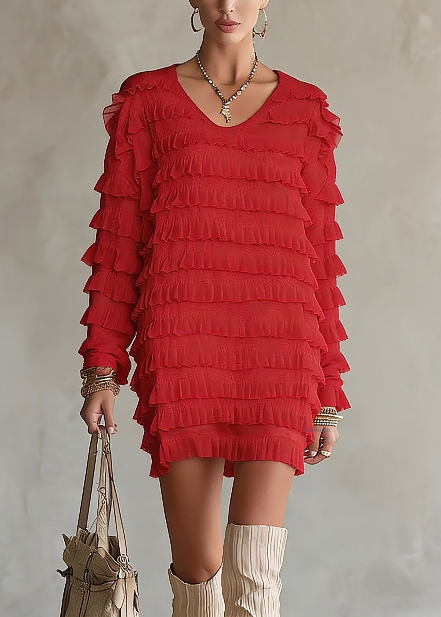 Beautiful Red Ruffled Patchwork Chiffon Top Spring
