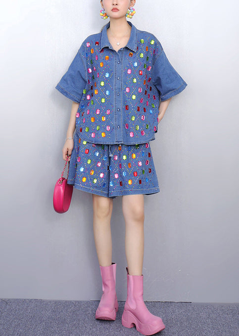 Beautiful Rhinestone Denim Blue Shirts And Shorts Two Pieces Set Summer