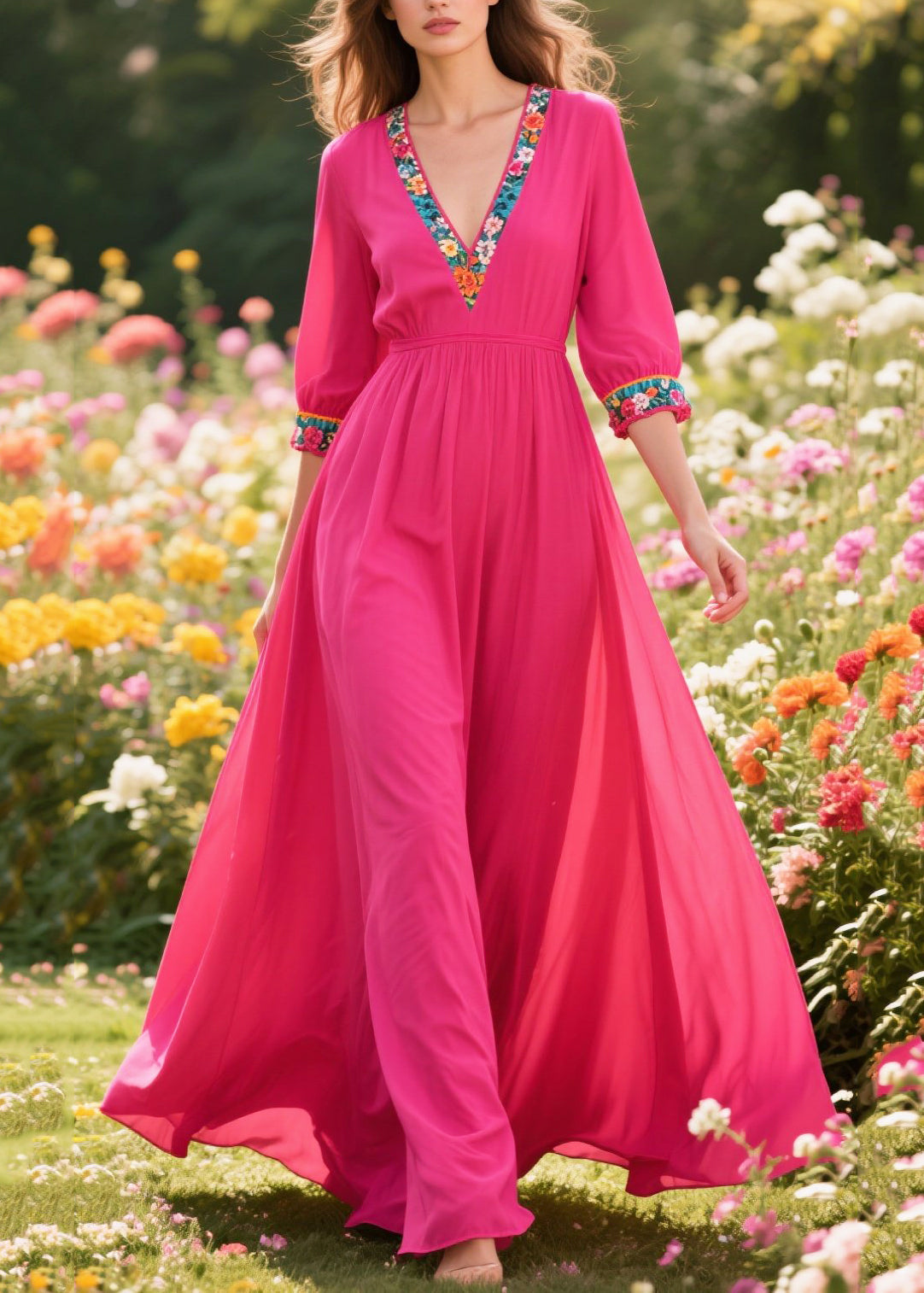 Beautiful Rose V Neck Patchwork Exra Large Hem Cotton Long Dress Summer