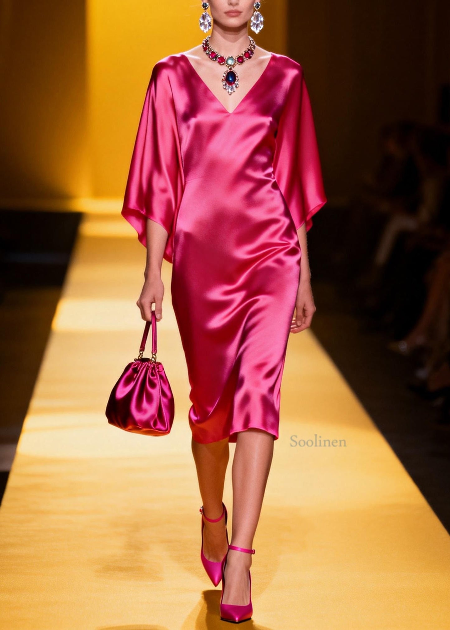 Beautiful Rose V Neck Silk Maxi Dresses Batwing Sleeve