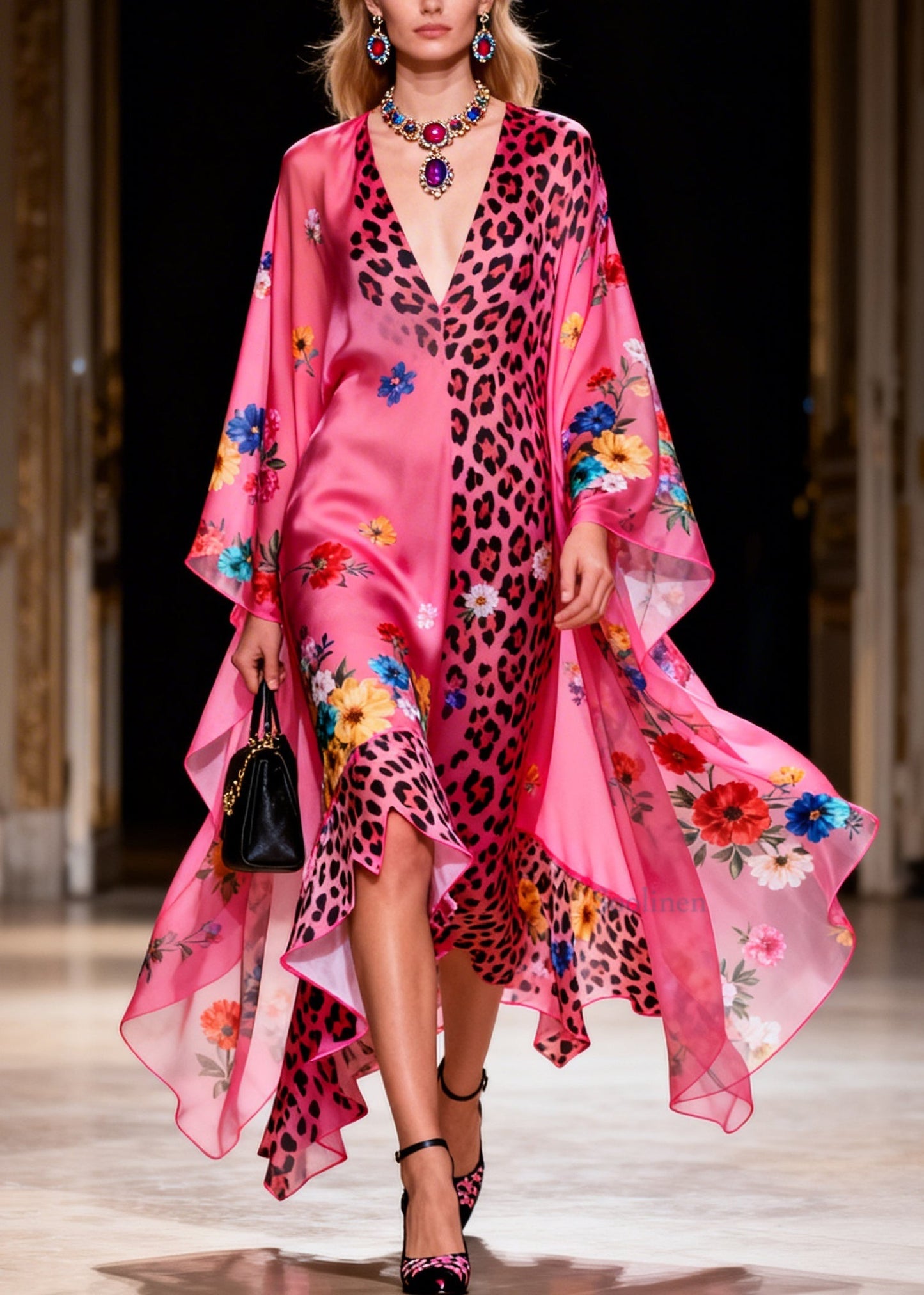 Beautiful Ruffled Asymmetrical Design Print Silk Long Dress Summer