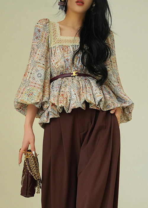 Beautiful Square Collar Print Lace Up Patchwork Cotton Blouses Spring