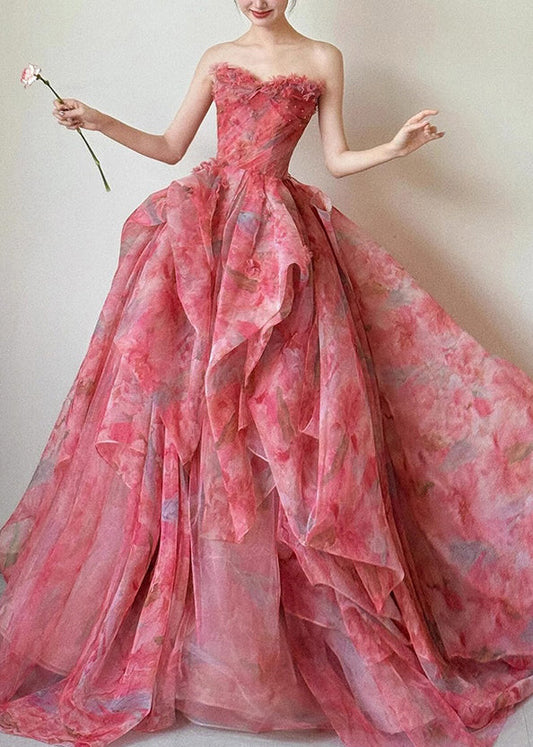 Beautiful Strapless Print High Waist Chiffon Exra Large Hem Dresses Sleeveless