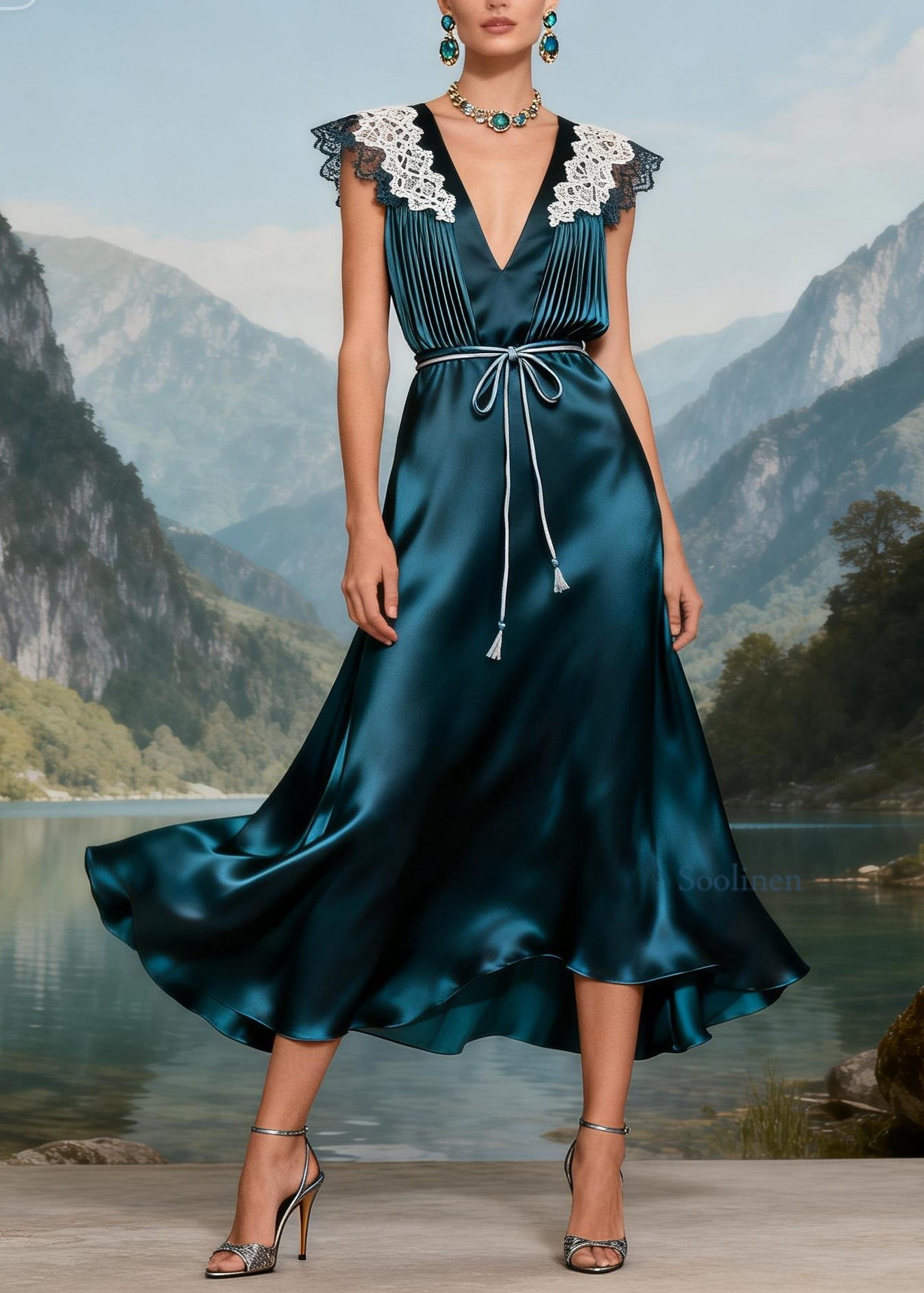 Beautiful V Neck Lace Patchwork Tie Waist Silk Long Dress Summer
