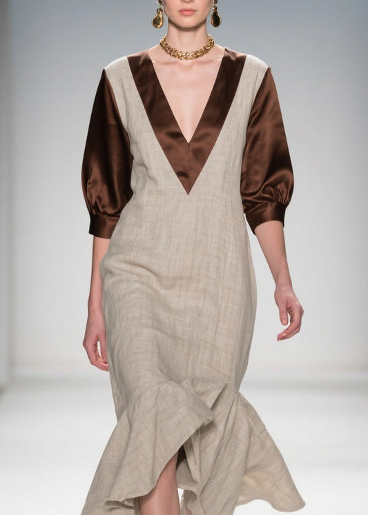 Beautiful V Neck Ruffled Patchwork Linen Silk Dress Summer