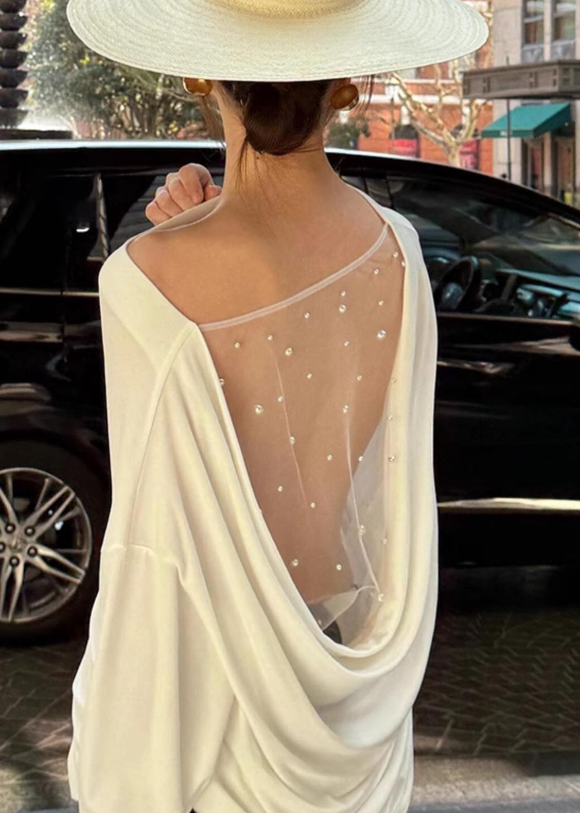 Beautiful White Backless Patchwork Tulle Shirt Top Summer