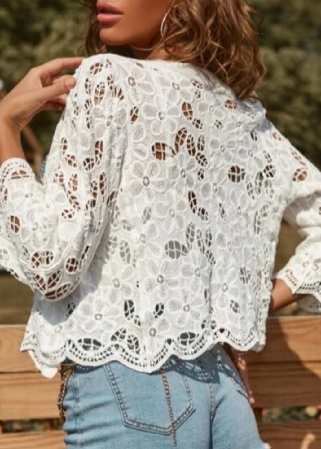 Beautiful White Button Down Hollow Out Lace Blouses Summer
