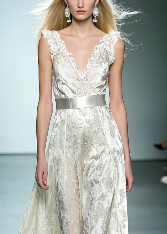 Beautiful White Cinched Jacquard Silk Dinner Dress Summer