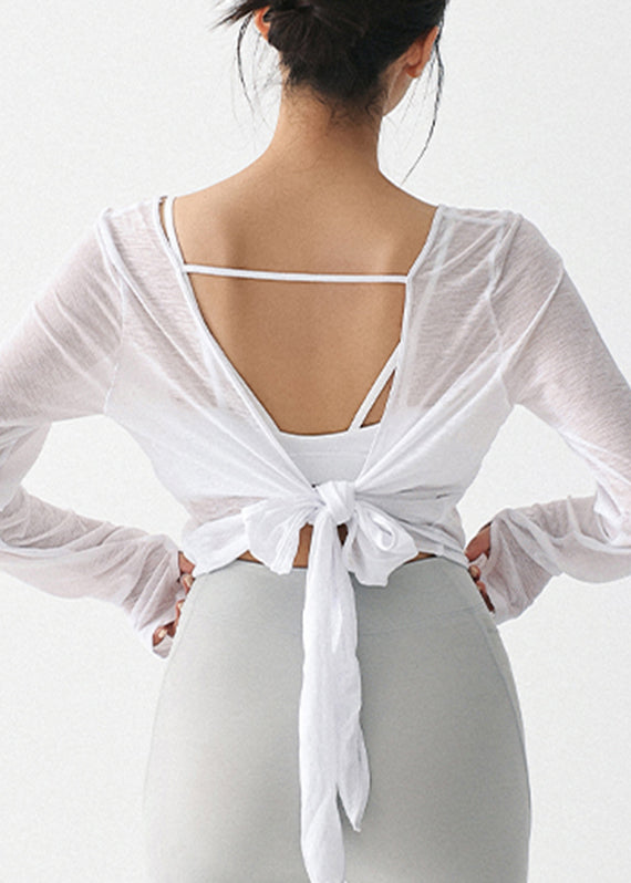 Beautiful White O-Neck Backless Tie Waist Thin Yoga Top