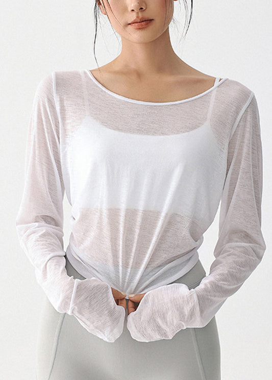 Beautiful White O-Neck Backless Tie Waist Thin Yoga Top