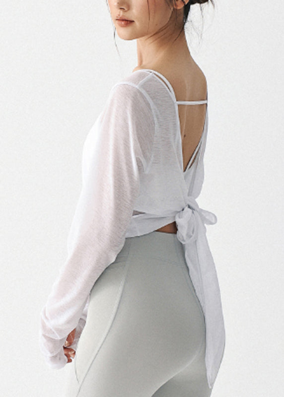 Beautiful White O-Neck Backless Tie Waist Thin Yoga Top