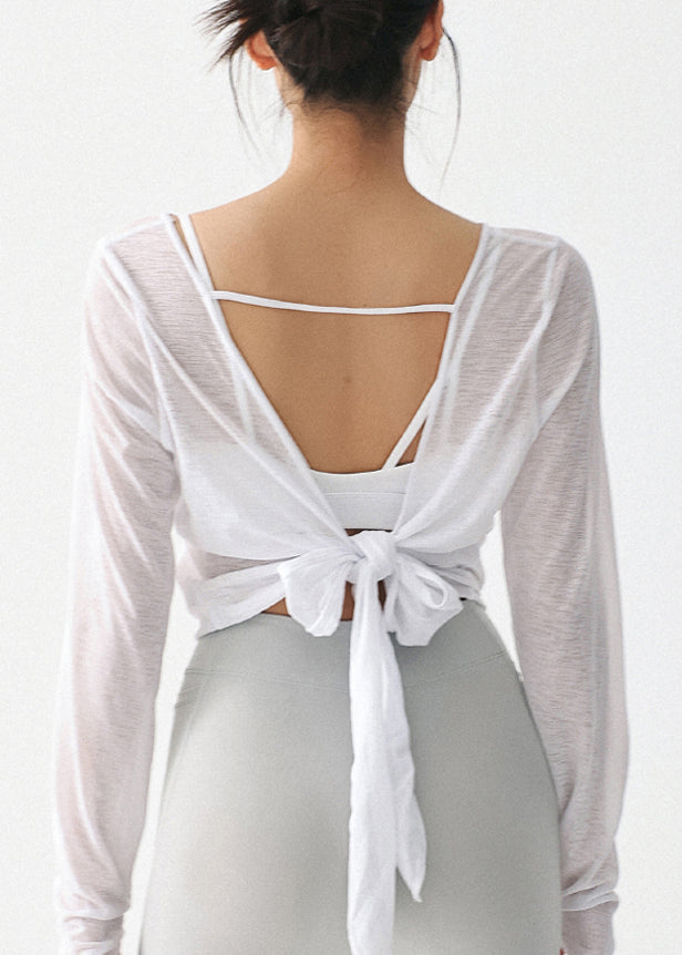 Beautiful White O-Neck Backless Tie Waist Thin Yoga Top