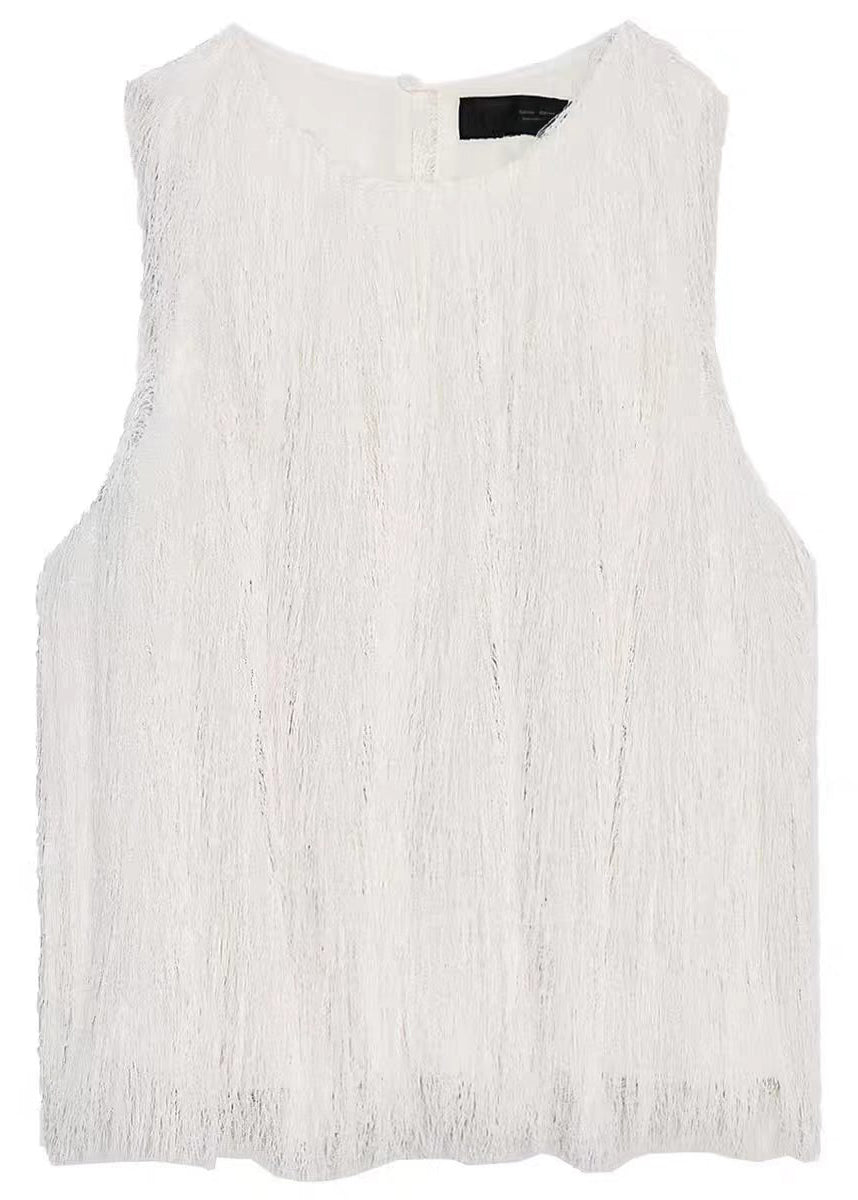 Beautiful White O-Neck Tassel Blouses Summer