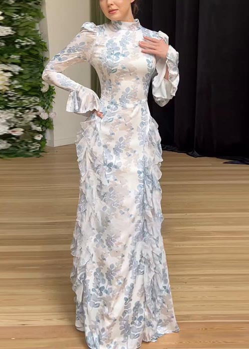 Beautiful White Print Ruffles Chiffon Long Dresses Spring