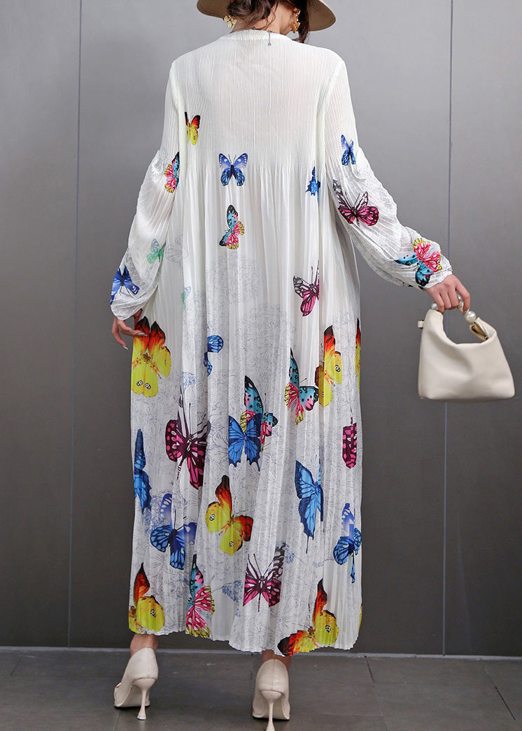Beautiful White Print Wrinkled Long Dress Fall