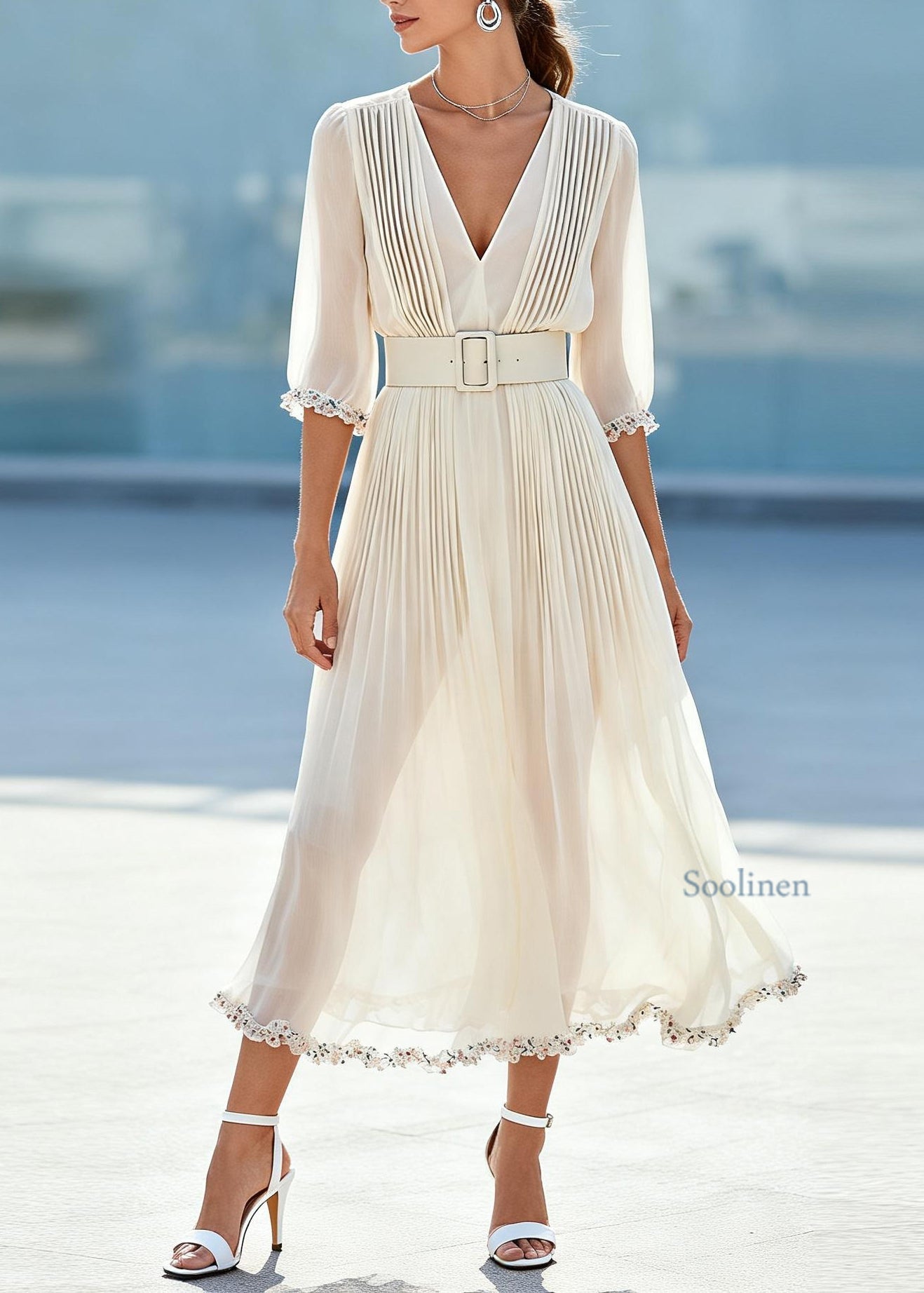 Beautiful White Ruffled Floral Chiffon Maxi Dresses Summer