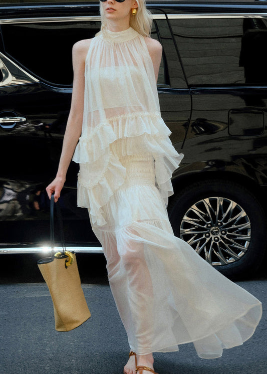 Beautiful White Ruffled Patchwork Chiffon Two Pieces Set Sleeveless