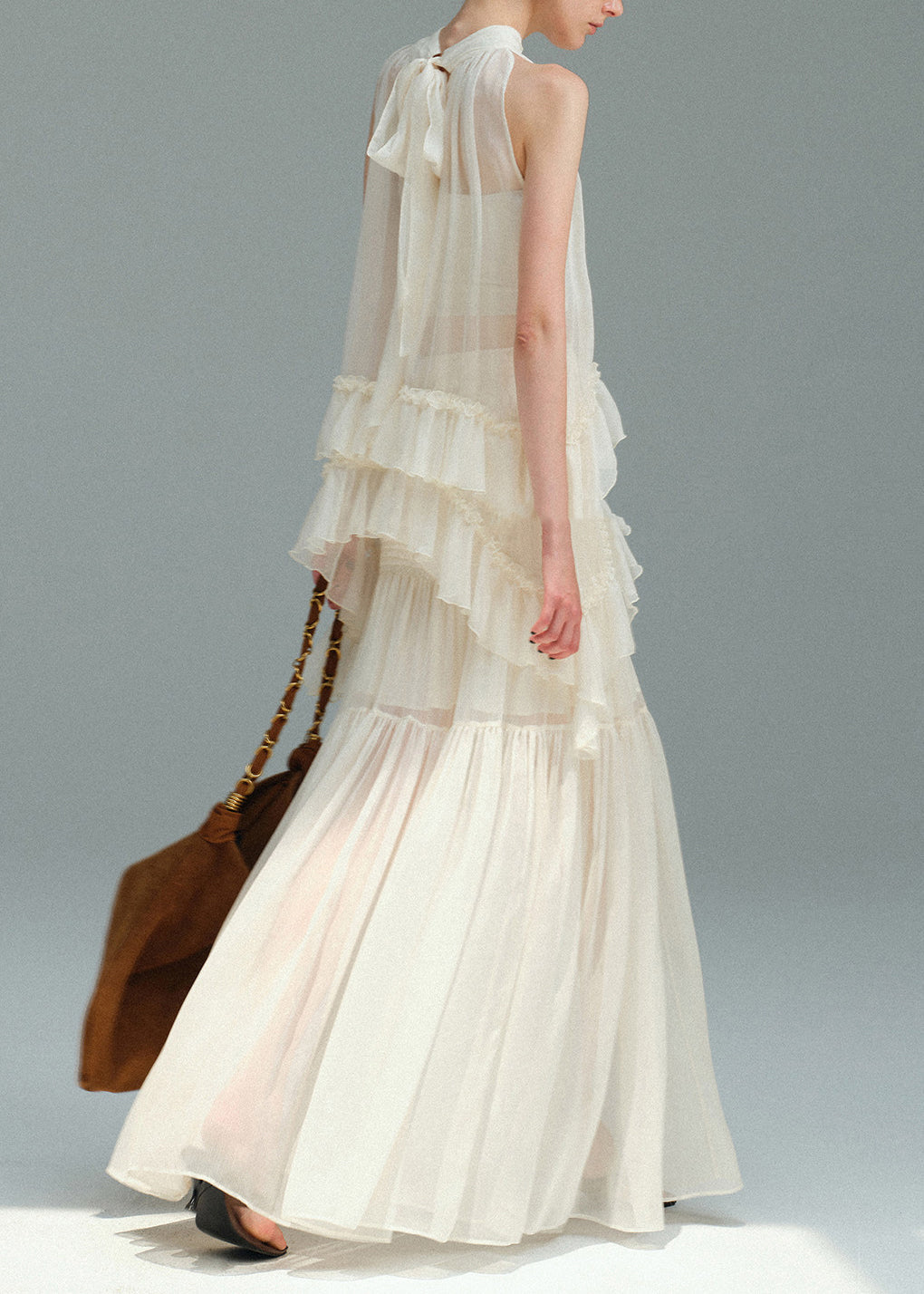 Beautiful White Ruffled Patchwork Chiffon Two Pieces Set Sleeveless