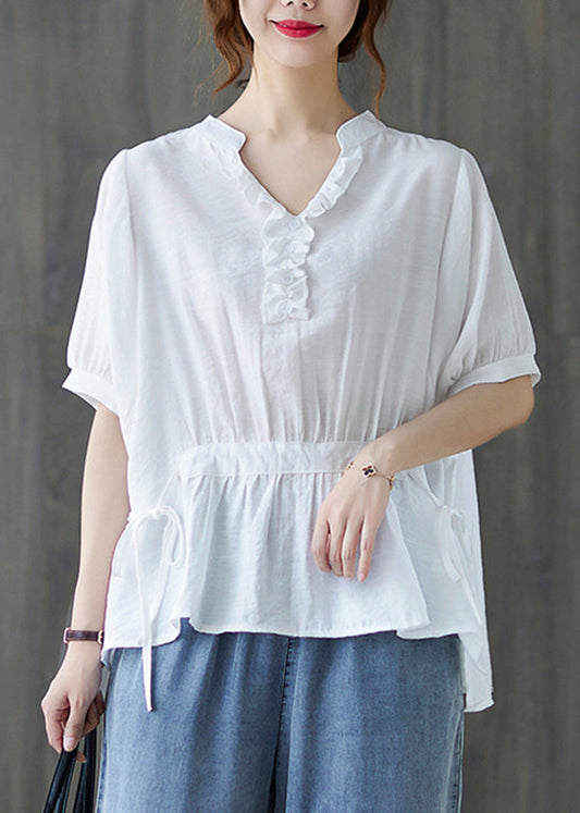 Schöne weiße V-Ausschnitt Kordelzug Rüschen Tank Tops Kurzarm